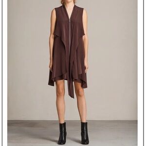 All Saints Jayda Silk Maroon/Brown Dress with V-Neck Tie Front 2
